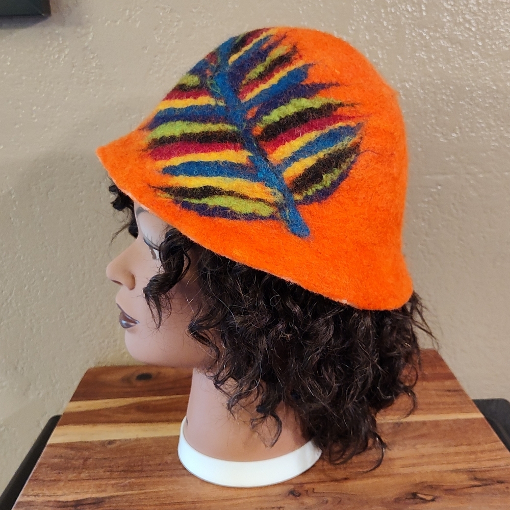 Vibrant Handfelted Wool Rainbow Feather Bucket Hat